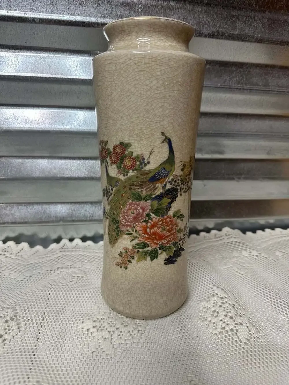 Vintage Asahi Sato Gordon Japan Peacock Vase Crackle Glaze Floral Decor 12